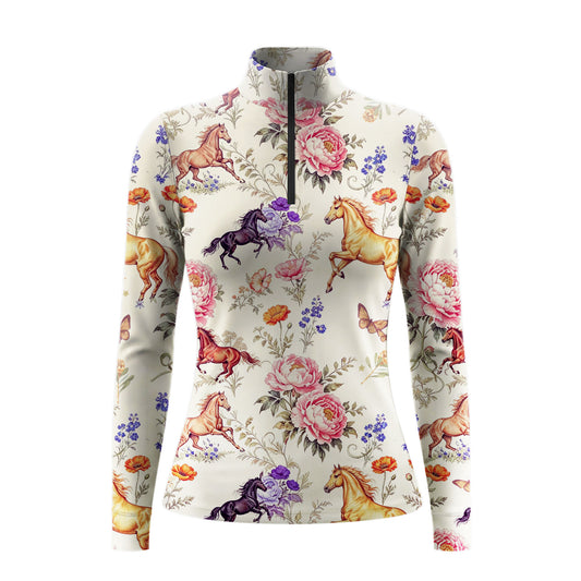 Studio white‑background product mockup of women’s cream long‑sleeve quarter‑zip riding top with vintage all‑over galloping horse, wildflower and butterfly print