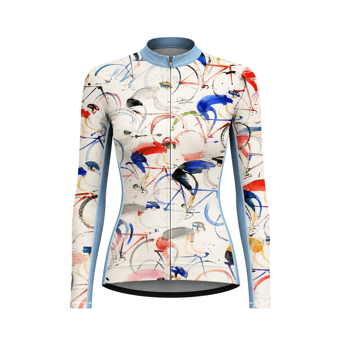 Women Long Sleeve Cream Watercolor Cyclist Rider Print Cycling Jersey Full Zip Bike Top