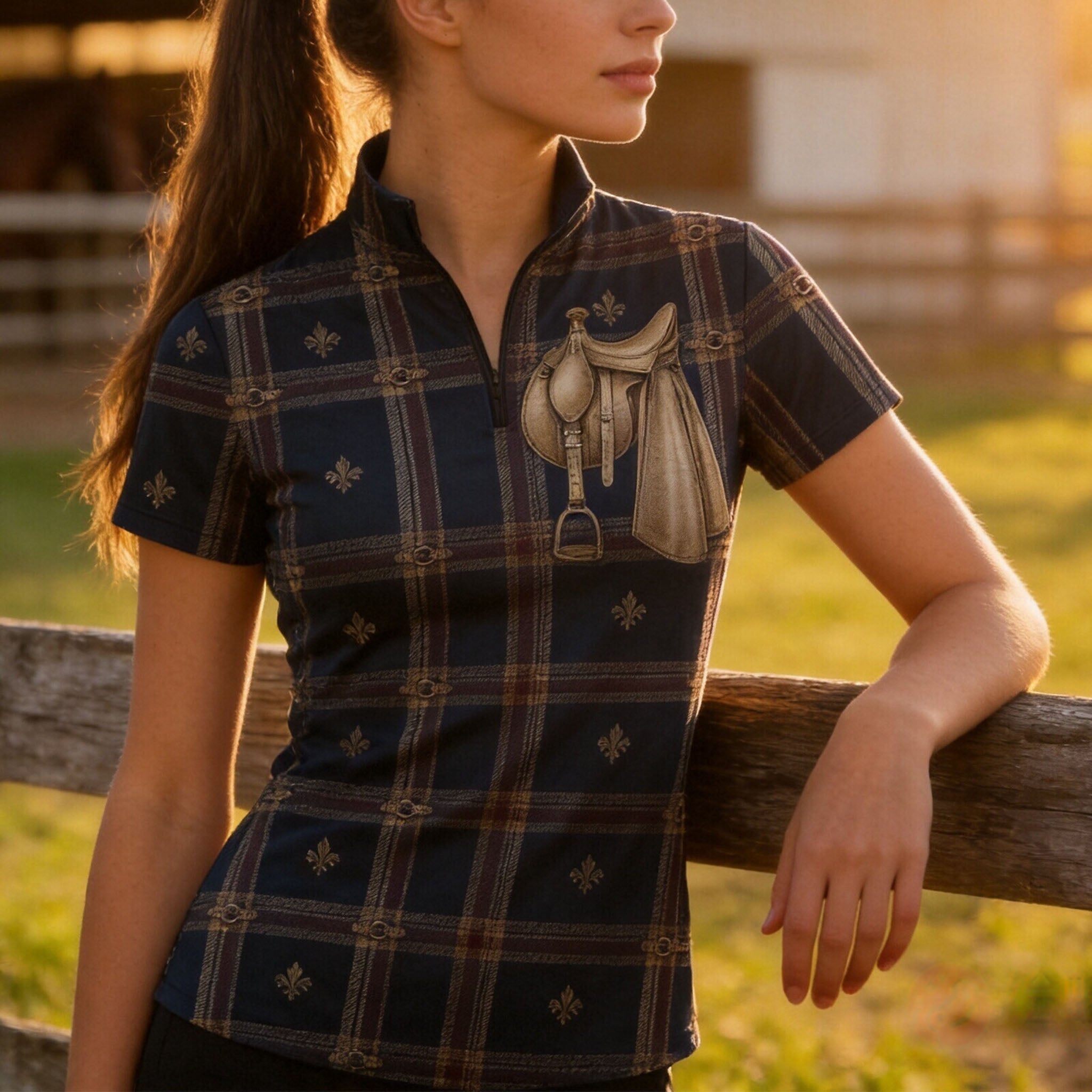Sunset barn fence lifestyle shot of female equestrian wearing navy tartan plaid vintage saddle print short‑sleeve riding top