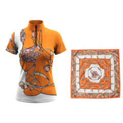 Orange White Vintage Equestrian Bridle Bit Scarf‑Style Print Short‑Sleeve Quarter‑Zip Riding Top | Free Matching Design Scarf Gift