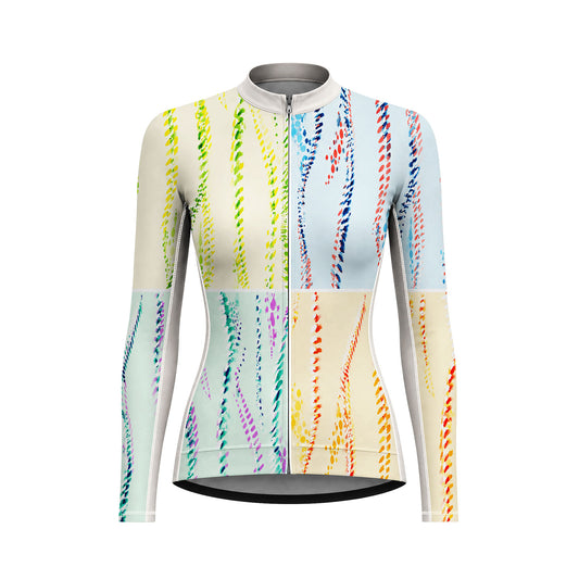 Women Long Sleeve Pastel Rainbow Vertical Dot Streak Cycling Jersey Full Zip Bike Top