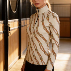 Equestrian Bit & Bridle Diagonal Print Long‑Sleeve Quarter‑Zip Riding Top