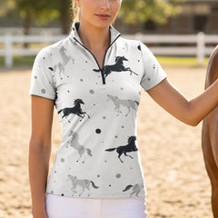 Light Grey Black White Galloping Horse Dot Ditsy Print Short-Sleeve Quarter-Zip Riding Top