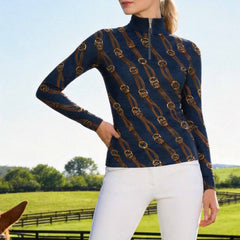 Equestrian Bit & Bridle Diagonal Print Long‑Sleeve Quarter‑Zip Riding Top