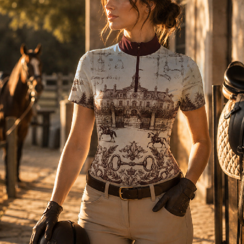 Sunny stone wall lifestyle shot of female equestrian wearing burgundy collar vintage French chateau blueprint art print short‑sleeve riding top paired with taupe riding breeches