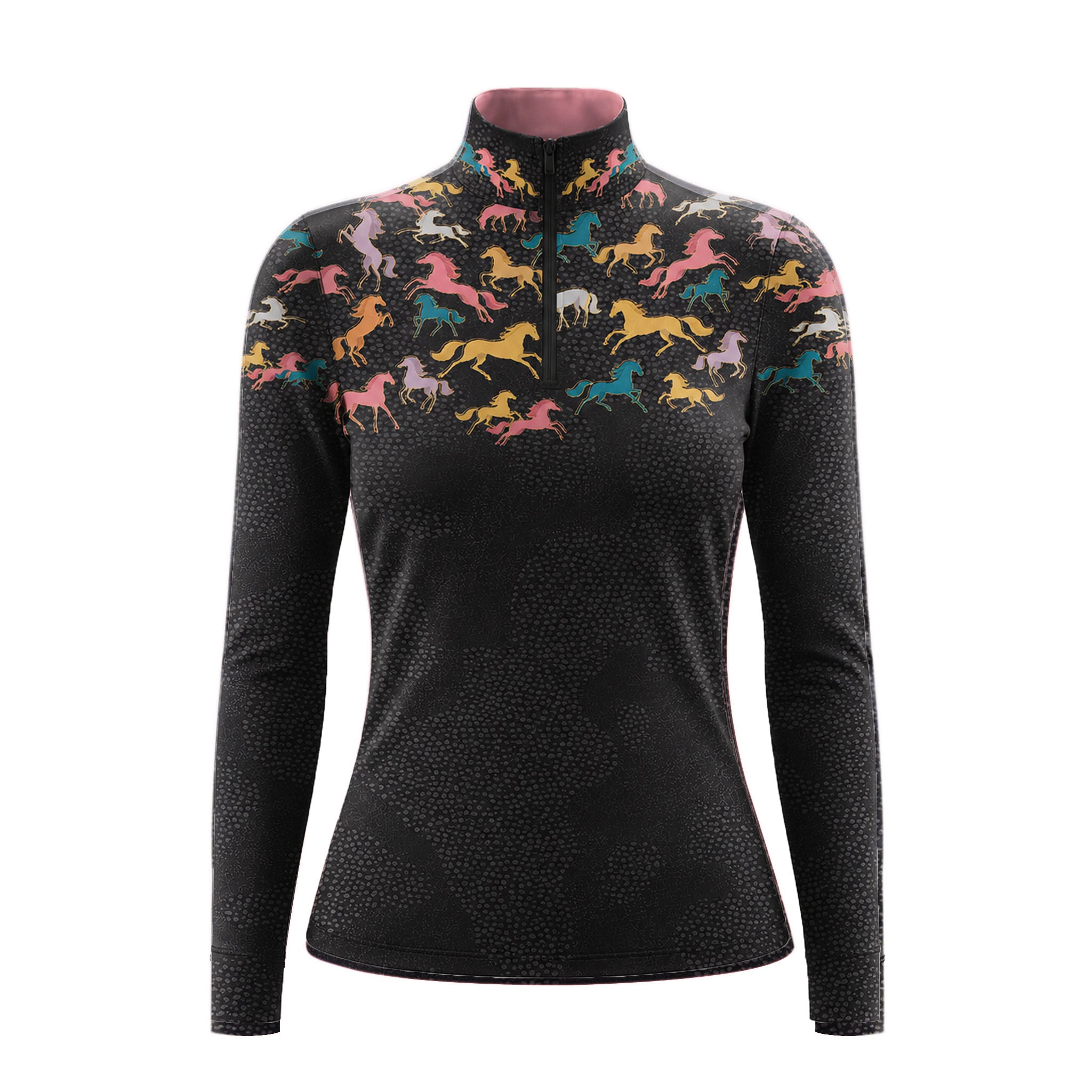 Stable doorway portrait of female rider in black colorful galloping horse silhouette print riding top, leaning against wooden saddle stand paired with white breeches