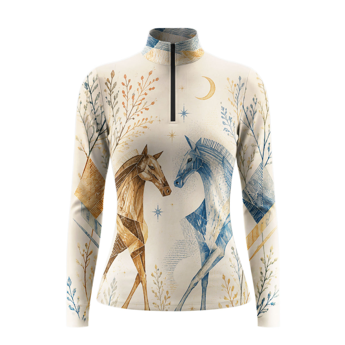 Neutral Beige Geometric Moon Star Twin Horse Botanical Long-Sleeve Quarter-Zip Riding Top