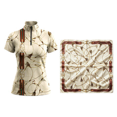 Cream Base Equestrian Horse Bit Bridle Tassel All‑Over Print Short‑Sleeve Quarter‑Zip Riding Top | Free Matching Design Scarf Gift