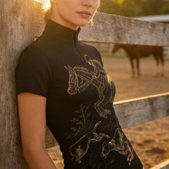 Outdoor pasture fence lifestyle shot of female equestrian wearing forest‑green short‑sleeve quarter‑zip riding top with gold jumping rider and hunting hounds print
