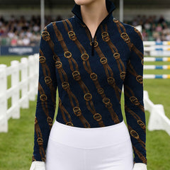 Equestrian Bit & Bridle Diagonal Print Long‑Sleeve Quarter‑Zip Riding Top
