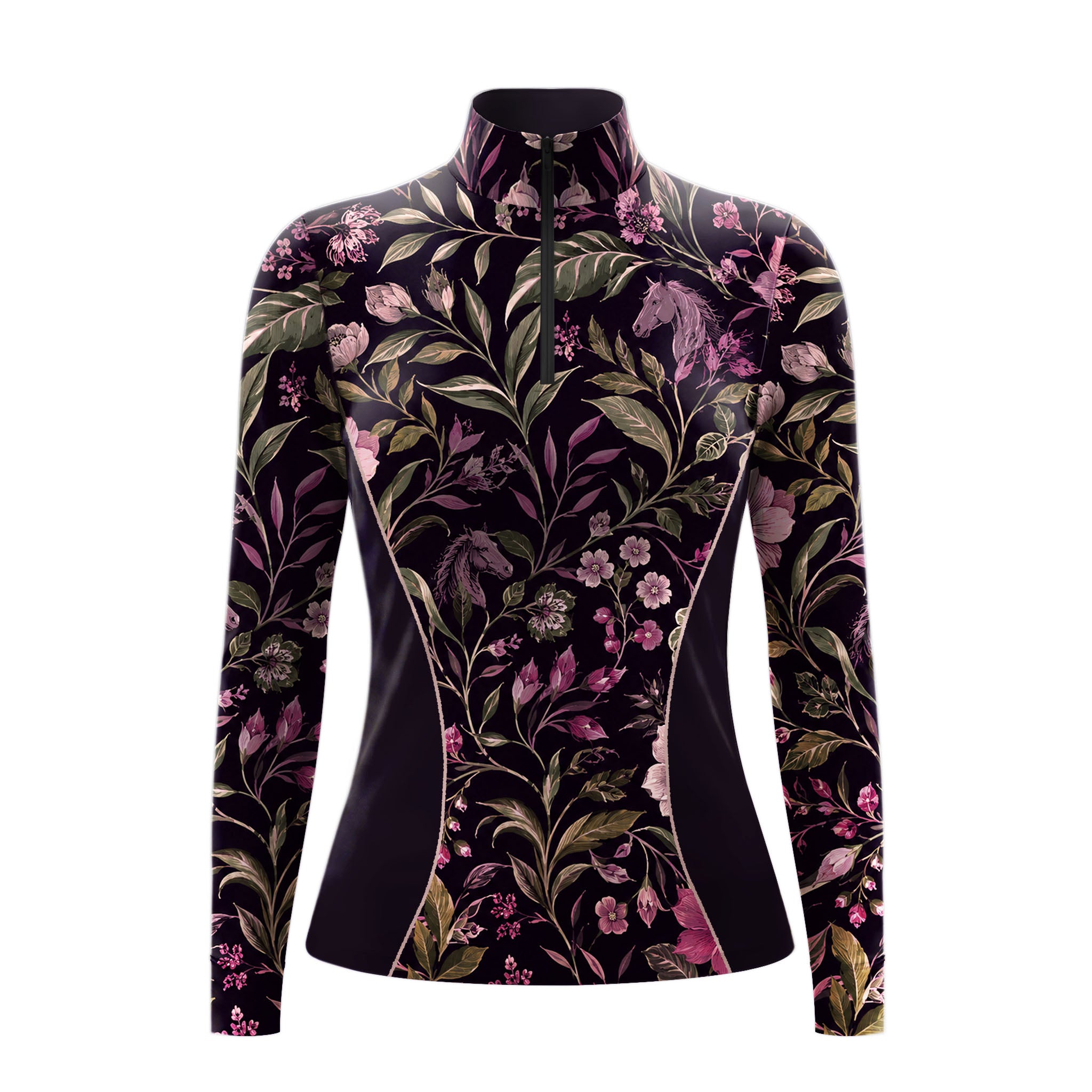 White background studio mockup of women’s black long‑sleeve quarter‑zip riding top with all‑over vintage purple floral and horse‑silhouette print, contrast piped side panels