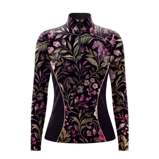 White background studio mockup of women’s black long‑sleeve quarter‑zip riding top with all‑over vintage purple floral and horse‑silhouette print, contrast piped side panels