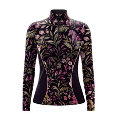 White background studio mockup of women’s black long‑sleeve quarter‑zip riding top with all‑over vintage purple floral and horse‑silhouette print, contrast piped side panels
