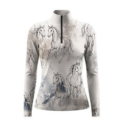 RIDER ATELIER Watercolor Horse Sketch Print Long-Sleeve Quarter-Zip Riding Top