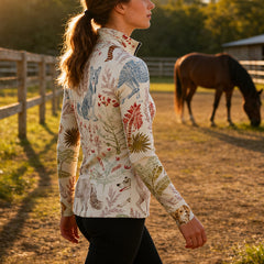 Golden hour paddock lifestyle back‑view shot of female rider walking by grazing horse wearing cream vintage horse‑dog botanical all‑over‑print long‑sleeve riding top