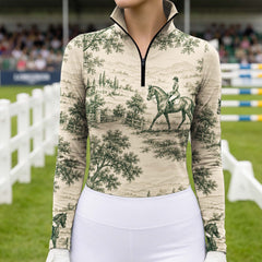 Green Vintage Toile Equestrian Landscape Print Long-Sleeve Quarter-Zip Riding Top