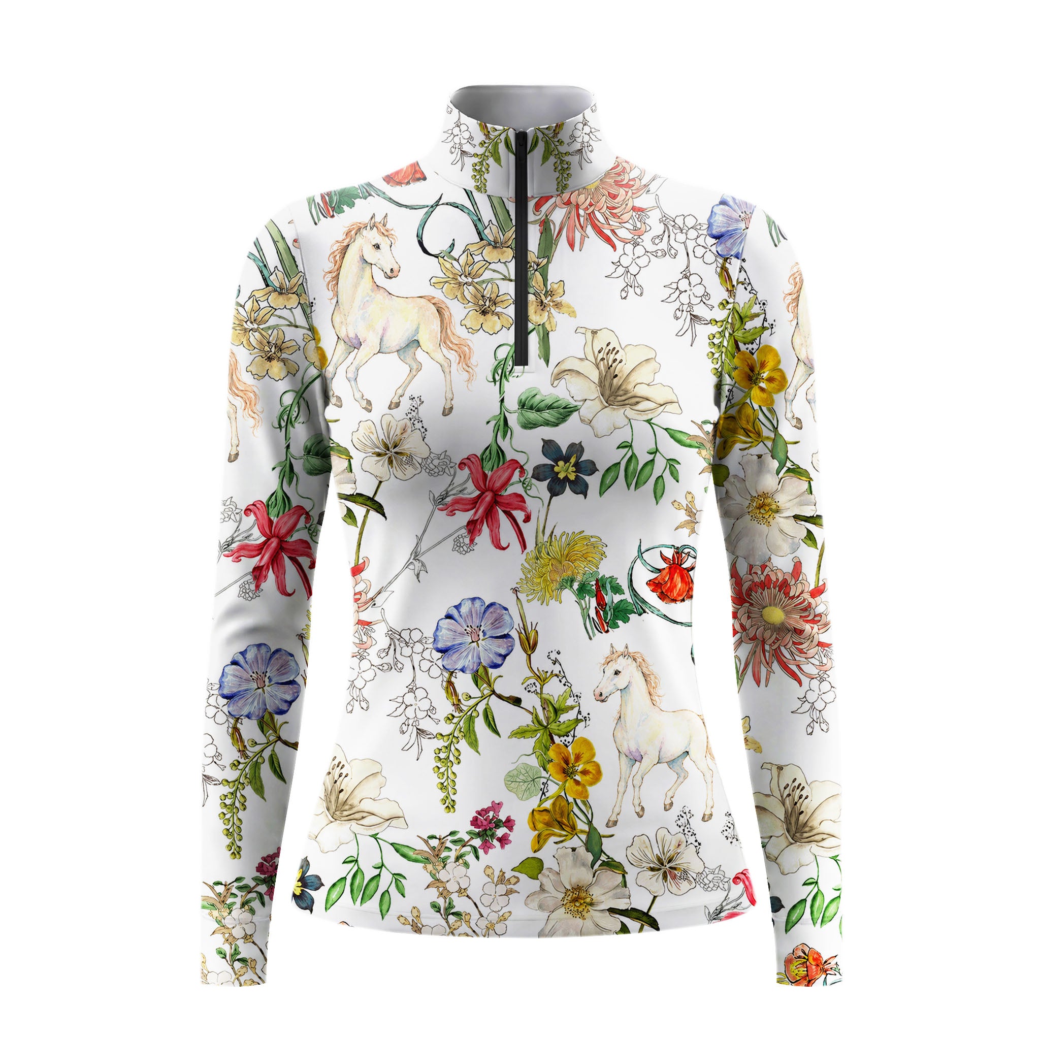 Garden ranch lifestyle shot of female equestrian seated beside brown horse, wearing cream watercolor wildflower and white unicorn‑pony print long‑sleeve riding top, white breeches and brown leather belt