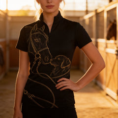Black Gold Line Art Horse And Golden Retriever Bridle Reins Full Print Short-Sleeve Quarter-Zip Riding Top