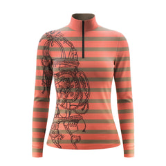 Studio white‑background product mockup of women’s coral‑olive horizontal stripe ornate bridle‑tack print long‑sleeve quarter‑zip riding top
