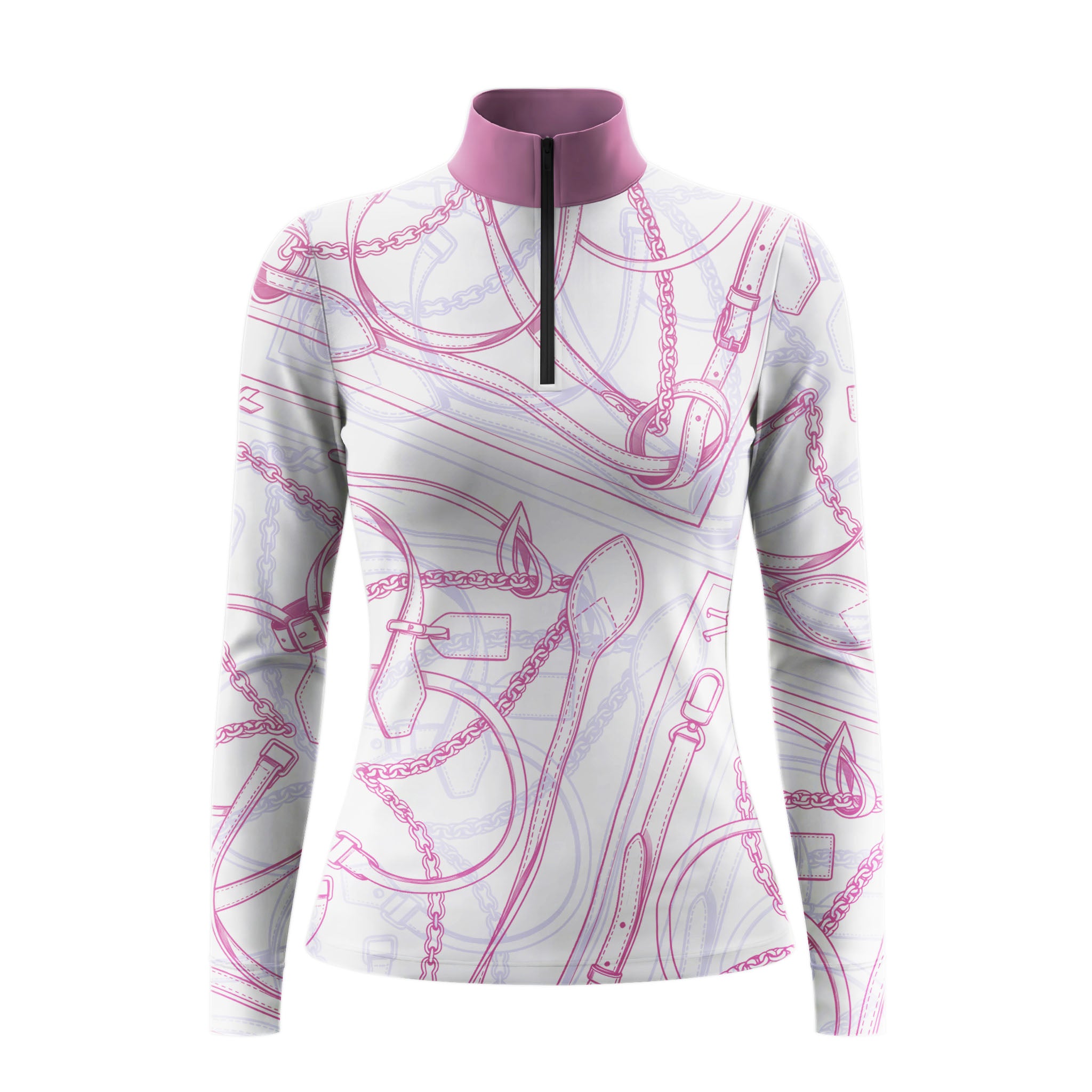 Studio white‑background product mockup of women’s off‑white base dusty mauve collar pink‑lavender equestrian tack strap & chain line‑art all‑over print long‑sleeve quarter‑zip riding top