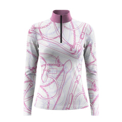 Studio white‑background product mockup of women’s off‑white base dusty mauve collar pink‑lavender equestrian tack strap & chain line‑art all‑over print long‑sleeve quarter‑zip riding top