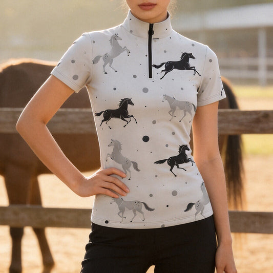 Light Grey Black White Galloping Horse Dot Ditsy Print Short-Sleeve Quarter-Zip Riding Top