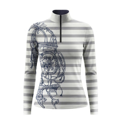 Studio white‑background product mockup of women’s grey‑white horizontal stripe ornate bridle‑tack print long‑sleeve quarter‑zip riding top