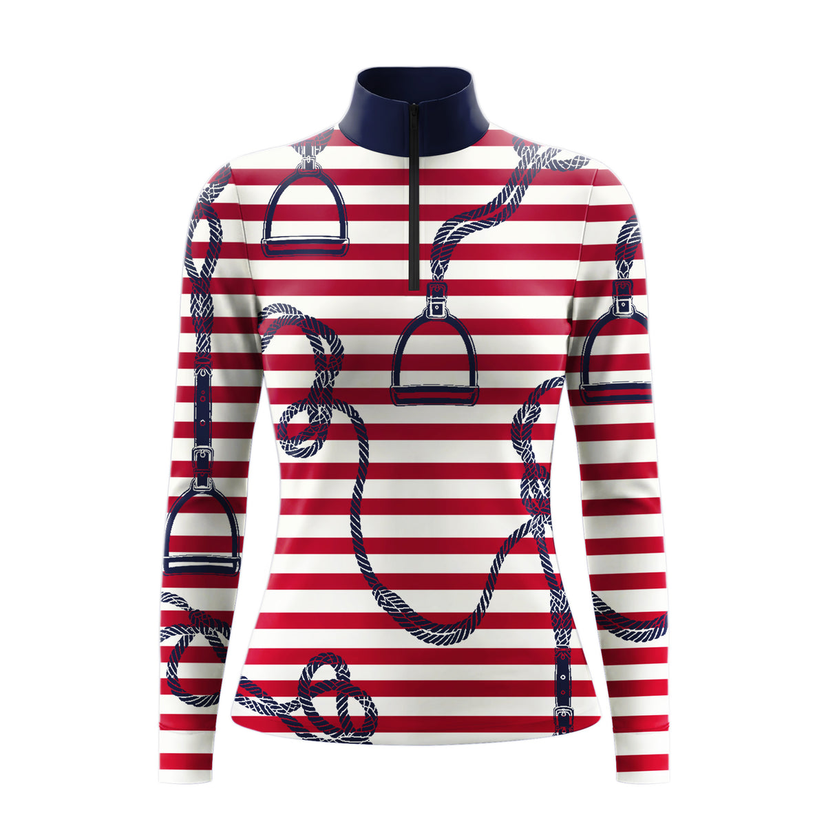 Red White Stripe Navy Rope Stirrup Ditsy Full Print Long-Sleeve Quarter-Zip Riding Top