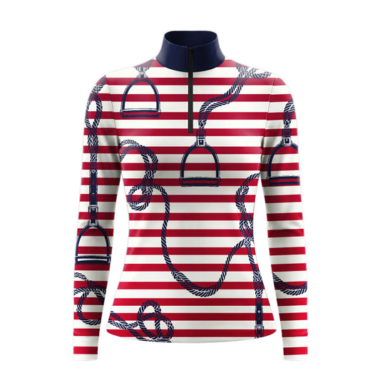Red White Stripe Navy Rope Stirrup Ditsy Full Print Long-Sleeve Quarter-Zip Riding Top