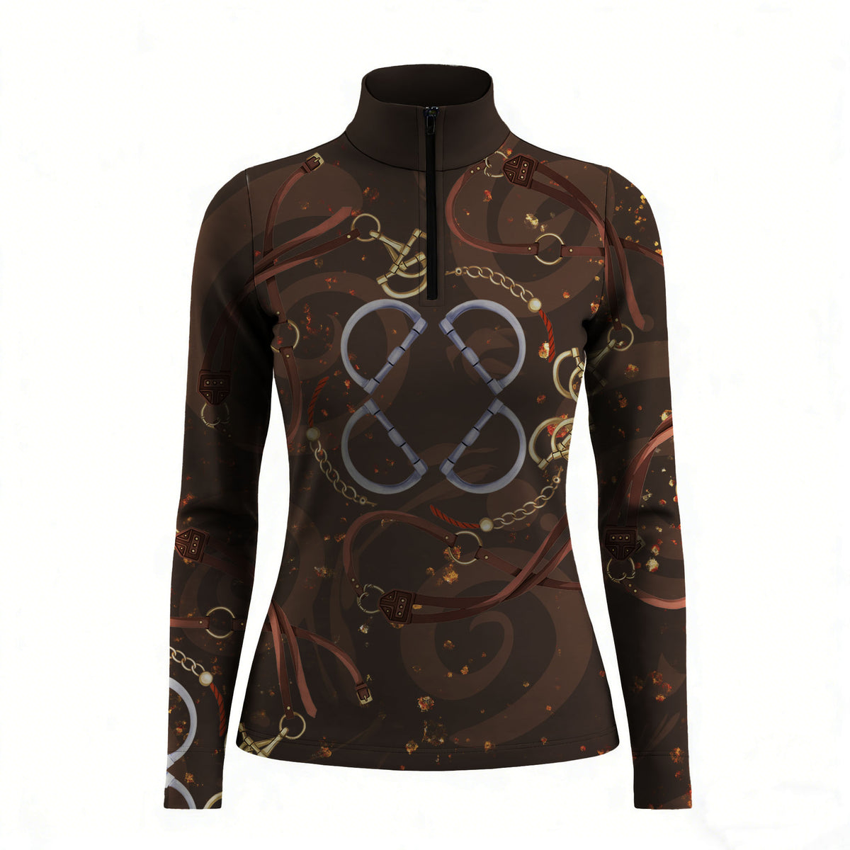 RIDER ATELIER Equestrian Snaffle Bit & Swirl Equestrian Quarter-Zip Top | Chocolate Brown Riding Shirt