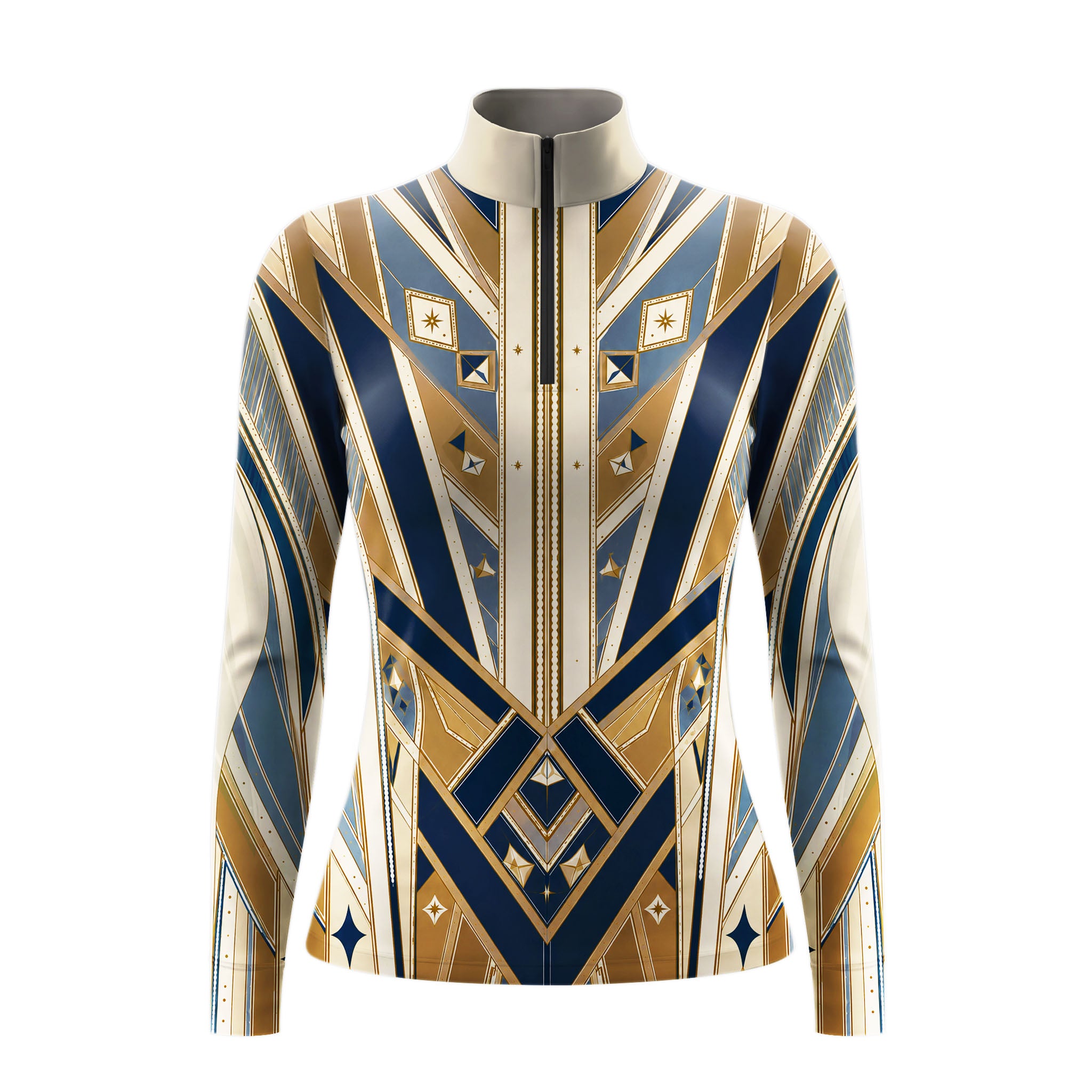 Studio white‑background product mockup of women’s navy‑gold art‑deco geometric golden‑star front‑panel print long‑sleeve quarter‑zip riding top