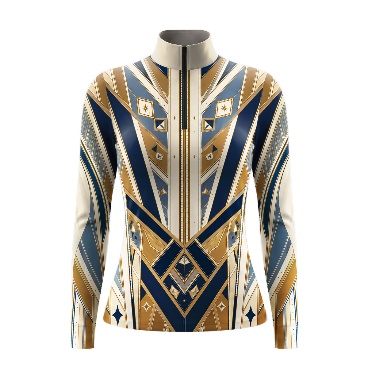 Studio white‑background product mockup of women’s navy‑gold art‑deco geometric golden‑star front‑panel print long‑sleeve quarter‑zip riding top