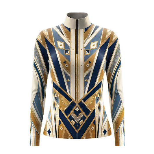 Studio white‑background product mockup of women’s navy‑gold art‑deco geometric golden‑star front‑panel print long‑sleeve quarter‑zip riding top