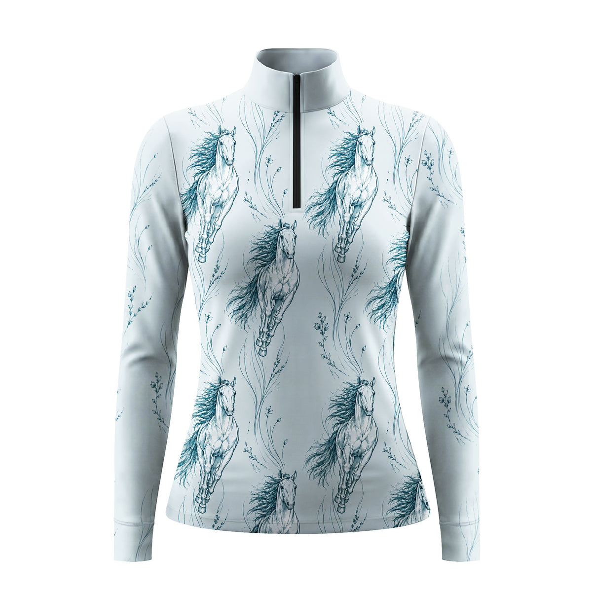 RIDER ATELIER Light Teal Galloping Horse Sketch Print Long-Sleeve Quarter-Zip Riding Top