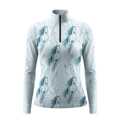 RIDER ATELIER Light Teal Galloping Horse Sketch Print Long-Sleeve Quarter-Zip Riding Top