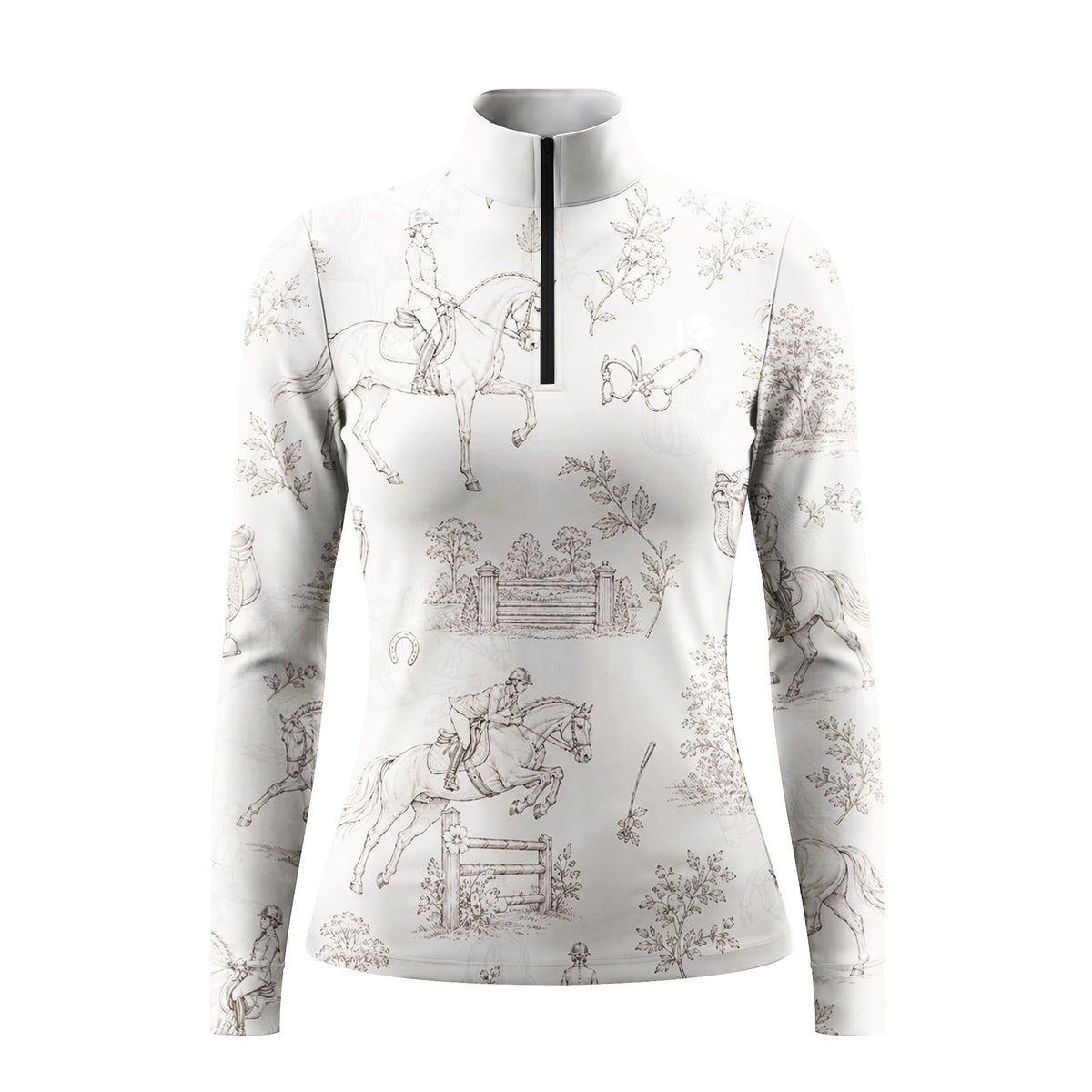 RIDER ATELIER Beige Equestrian Toile De Jouy Print Long-Sleeve Quarter-Zip Riding Top