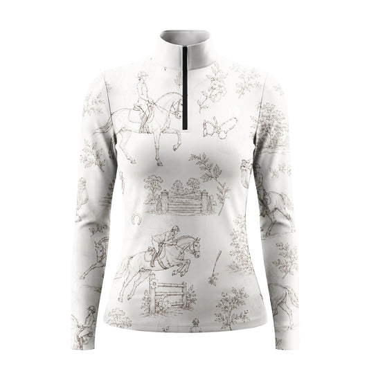 RIDER ATELIER Beige Equestrian Toile De Jouy Print Long-Sleeve Quarter-Zip Riding Top