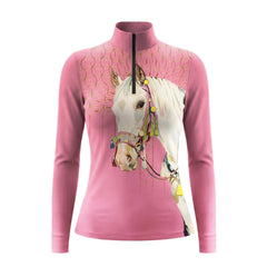 Dusty Pink Golden Geometric Line Colorful Bridle White Horse Portrait Full Print Long-Sleeve Quarter-Zip Riding Top