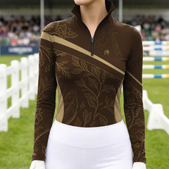 RIDER ATELIER Brown Floral Horse Sketch Print Long-Sleeve Quarter-Zip Riding Top