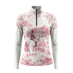 Blue French Toile Manor Equestrian Rider Scene Allover Print Long-Sleeve Quarter-Zip Riding Top