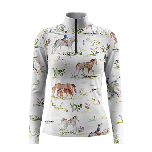 Off White Soft Watercolor Pasture Horse Foal Rider Floral Ditsy Print Long-Sleeve Quarter-Zip Riding Top