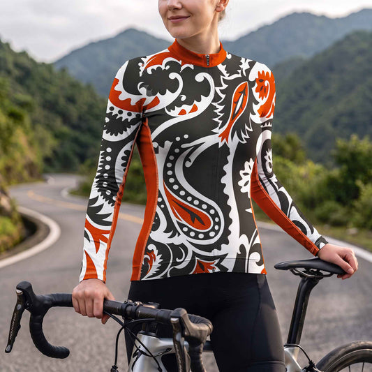 Women Long Sleeve Black White Rust Paisley Floral Cycling Jersey Full Zip Bike Top