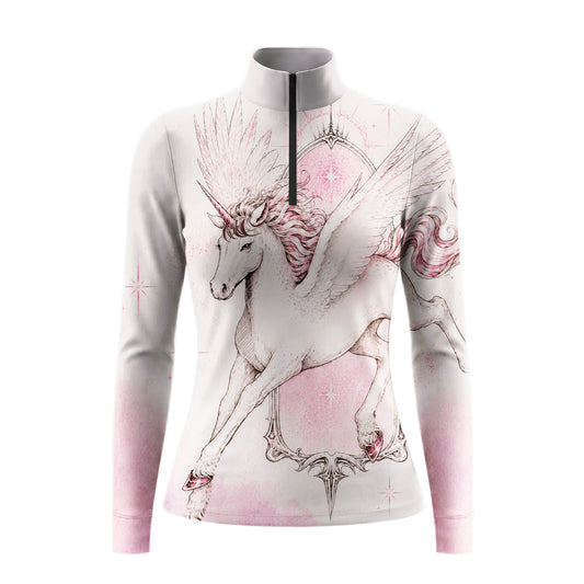 Gradient Pink Winged Pegasus Unicorn Star Sketch Full Print Long-Sleeve Quarter-Zip Riding Top