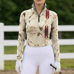 Cream Base Equestrian Horse Bit Bridle Tassel All‑Over Print Long‑Sleeve Quarter‑Zip Riding Top | Free Matching Design Scarf Gift