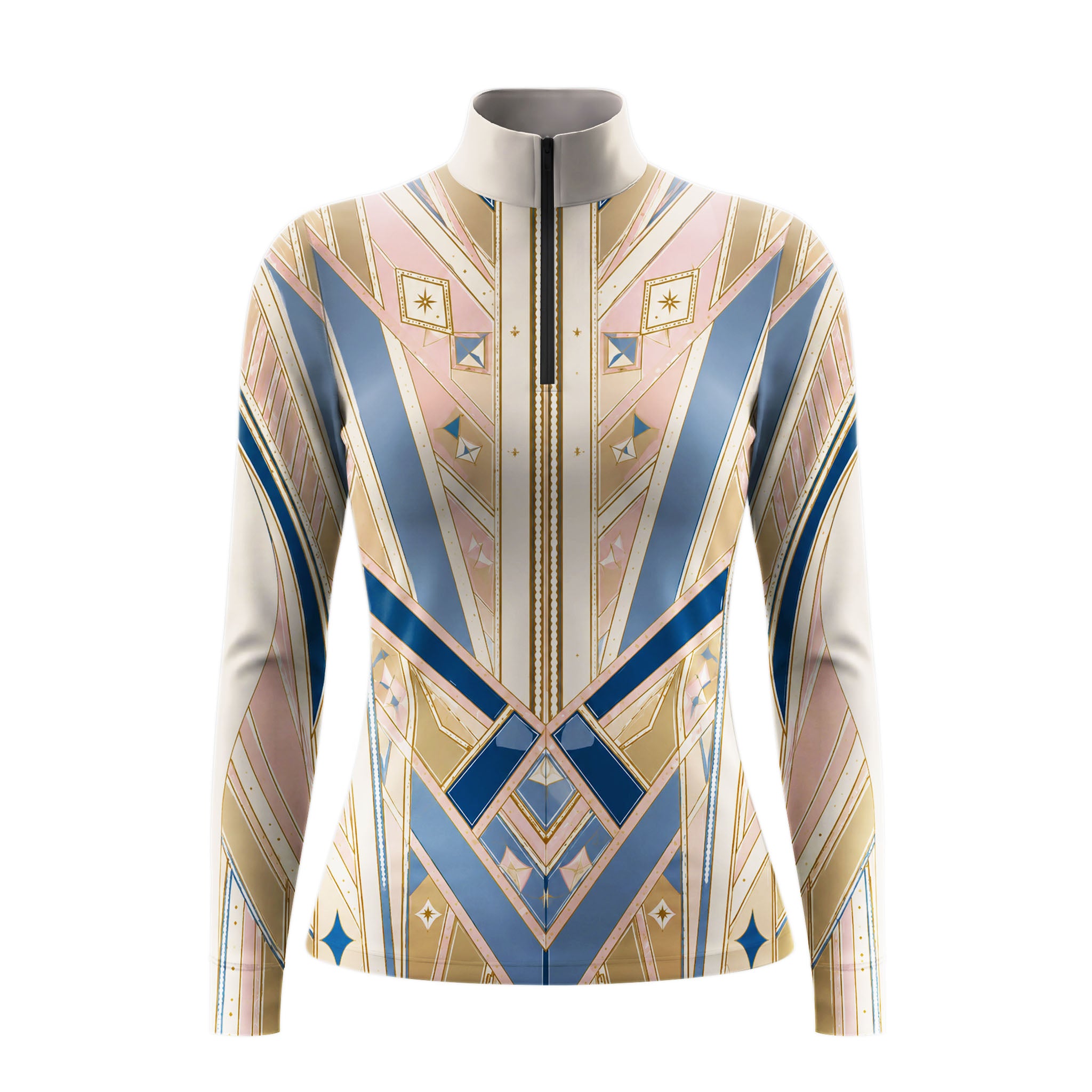 Studio white‑background product mockup of women’s blush‑blue art‑deco geometric golden‑star front‑panel print long‑sleeve quarter‑zip riding top