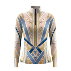 Studio white‑background product mockup of women’s blush‑blue art‑deco geometric golden‑star front‑panel print long‑sleeve quarter‑zip riding top