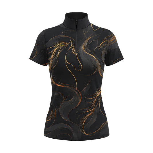 RIDER ATELIER Black & Gold Abstract Horse Line Art Short-Sleeve Quarter-Zip Riding Top