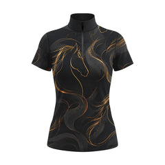 RIDER ATELIER Black & Gold Abstract Horse Line Art Short-Sleeve Quarter-Zip Riding Top