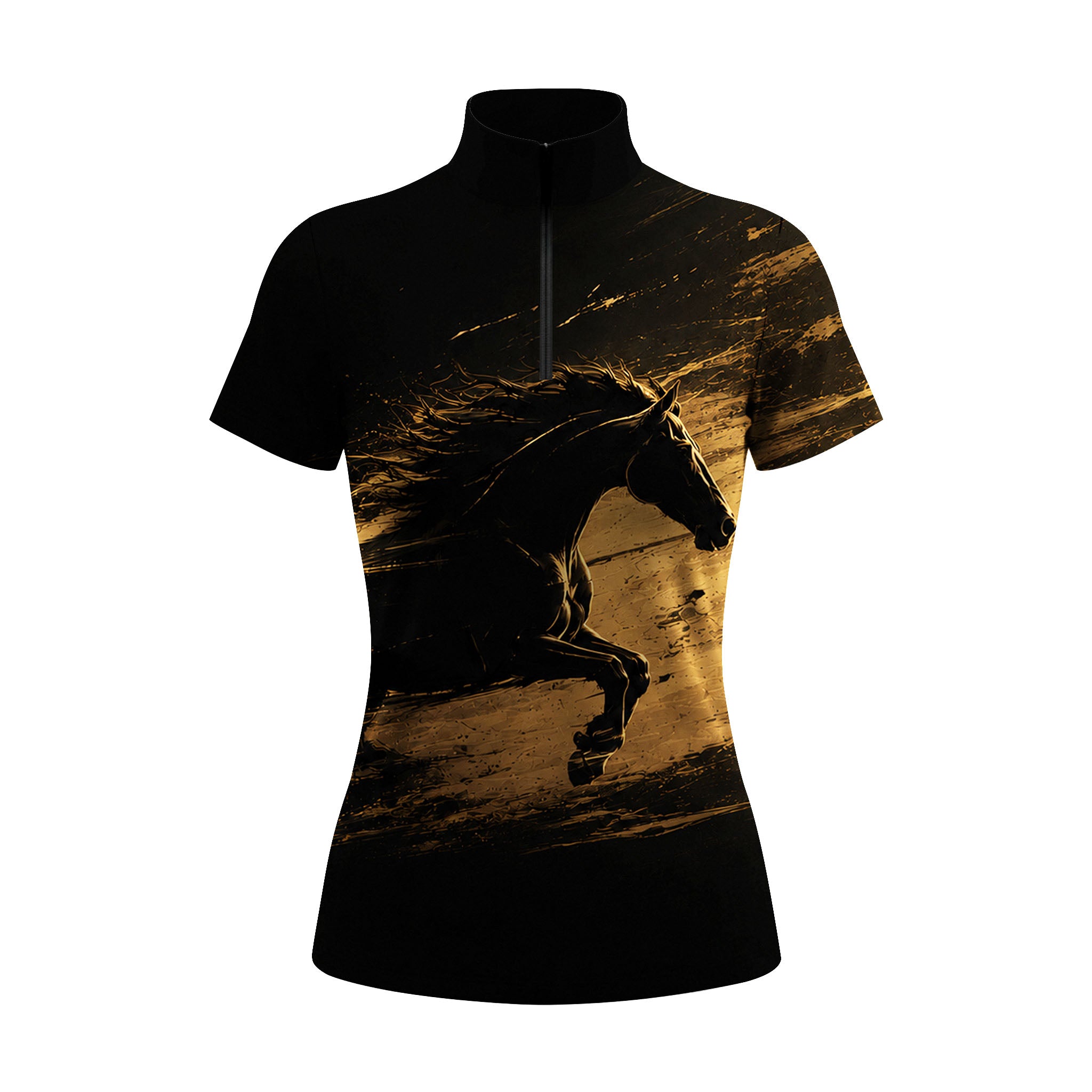 Studio white‑background product mockup of women’s black short‑sleeve quarter‑zip riding top with golden brush‑stroke galloping horse front‑panel print