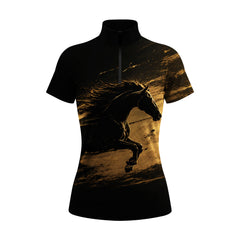 Studio white‑background product mockup of women’s black short‑sleeve quarter‑zip riding top with golden brush‑stroke galloping horse front‑panel print